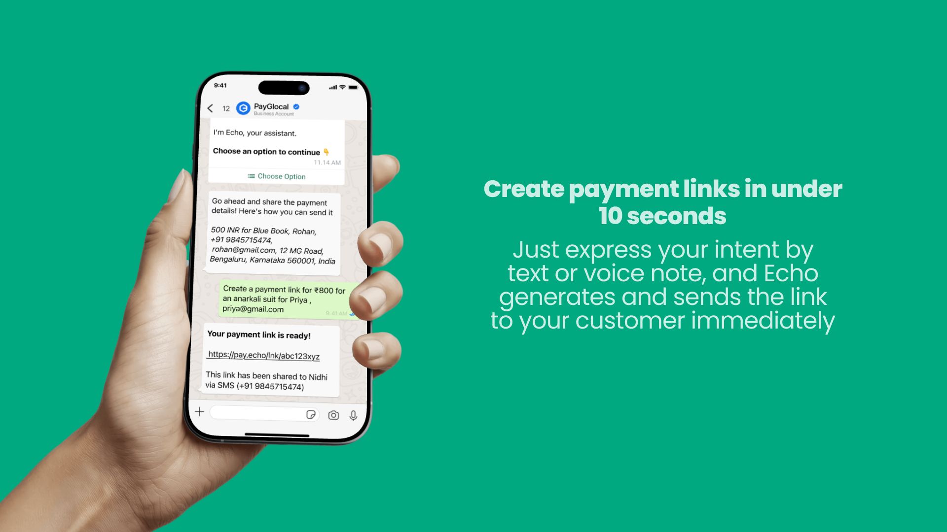 Create WhatsApp Payment Links in under 10 seconds with PayGlocal's Echo