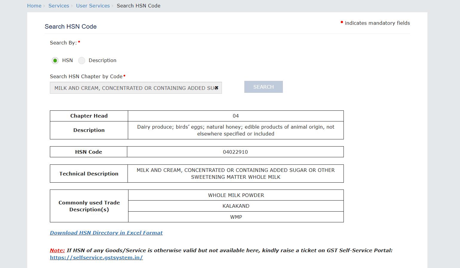 The image depicts the Search results displayed for an example HSN Code Search on the GST portal