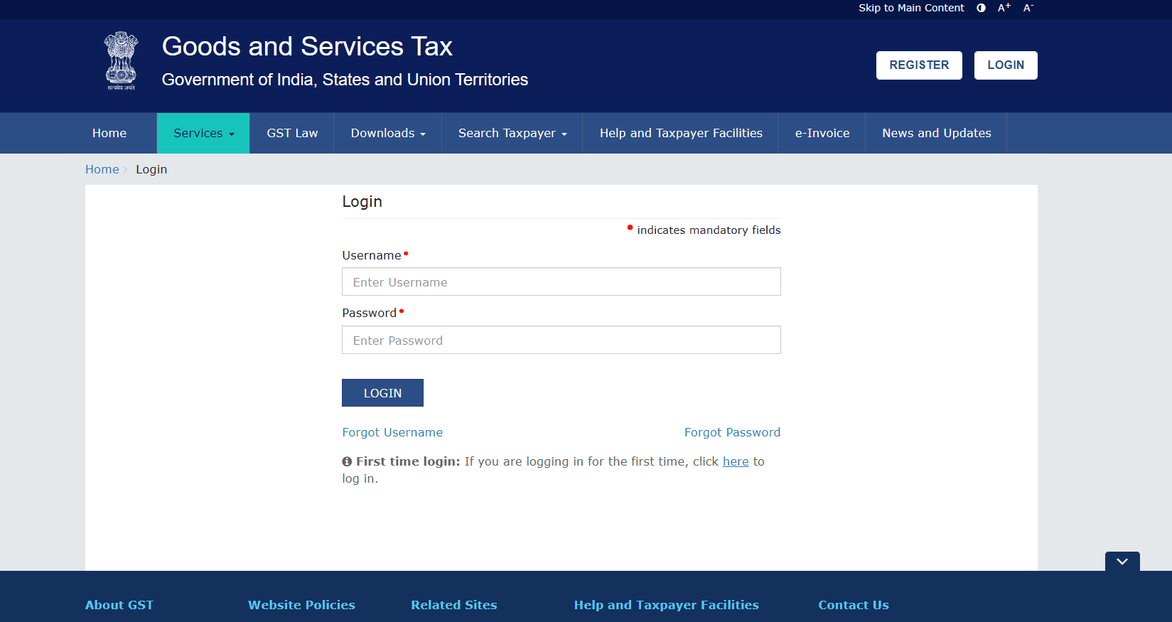 The image depicts the Login page from the Official GST portal