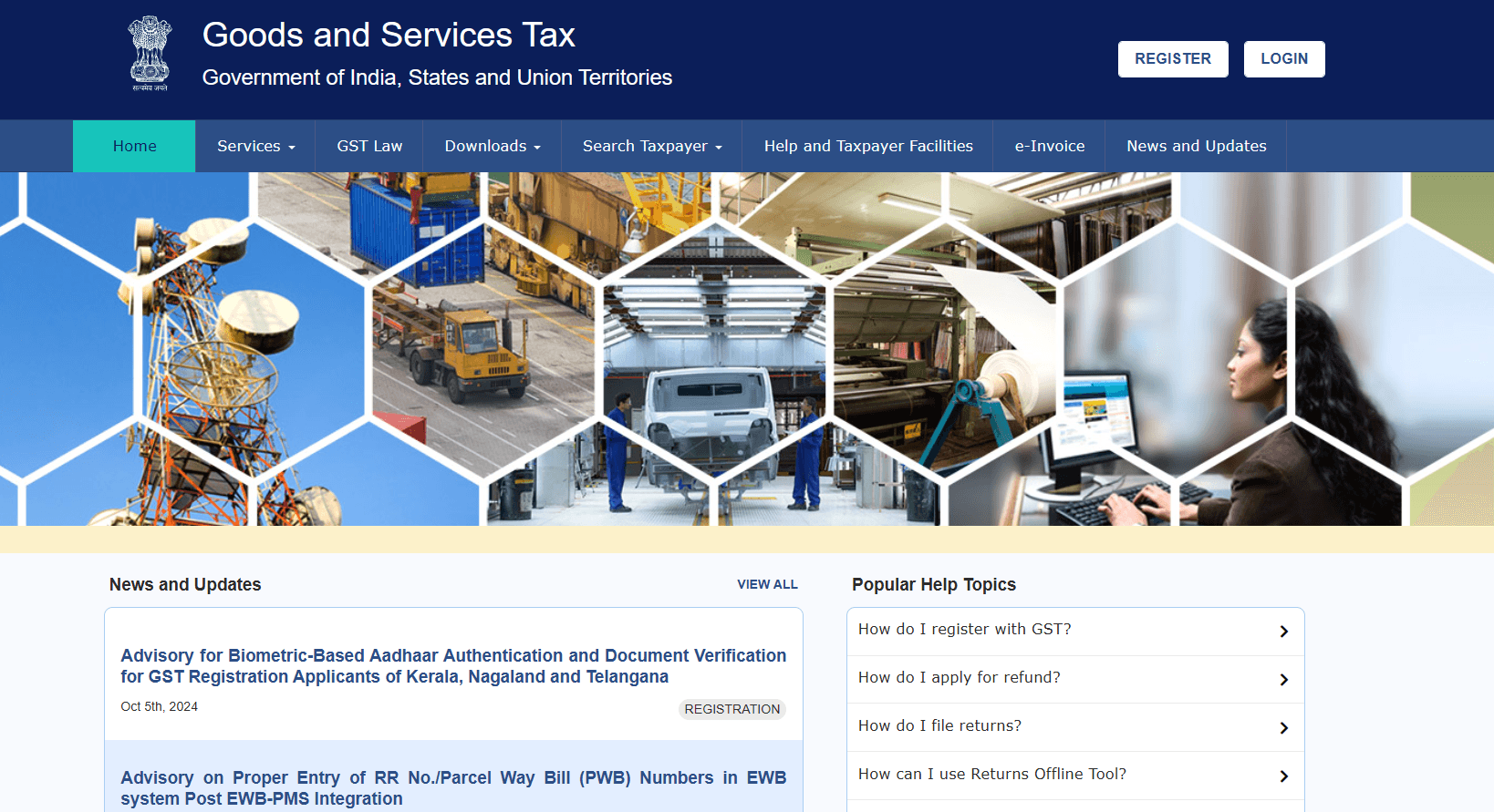 Image depicts the Official GST portal’s homepage