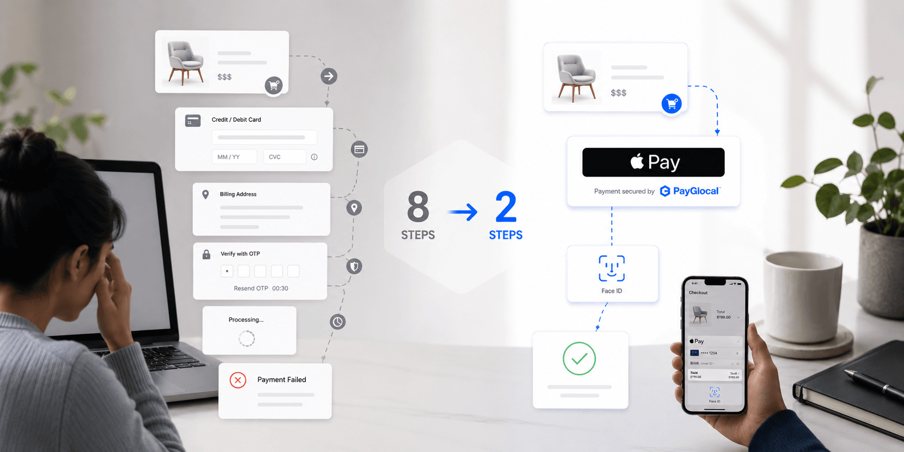 Apple Pay for merchants compared with a traditional checkout process, illustrating how simplified payments can reduce checkout friction.